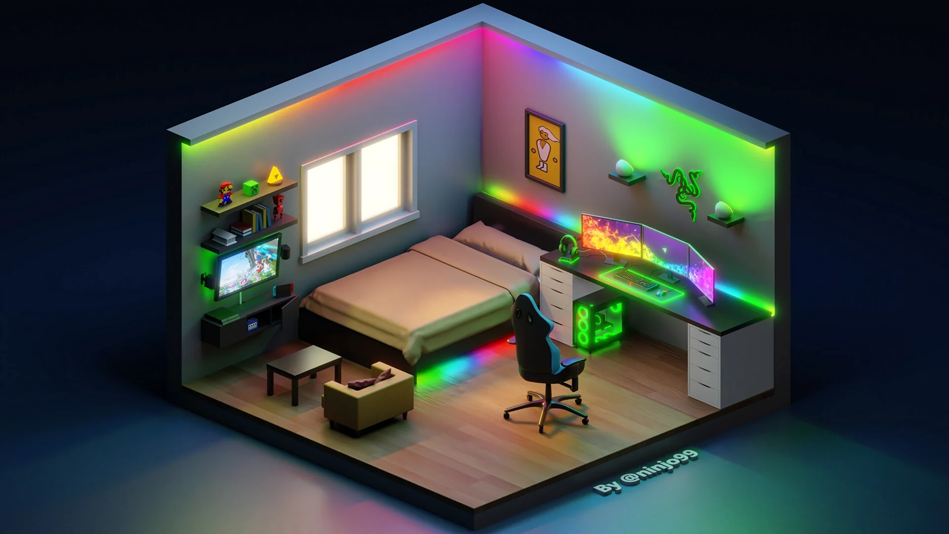 3d Gaming isometric Room Razer themed