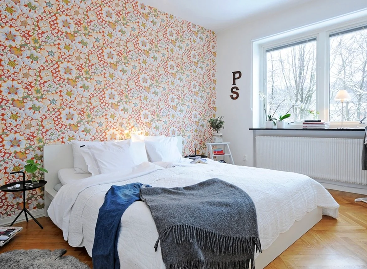 Акцентная стена в спальне в скандинавском стиле