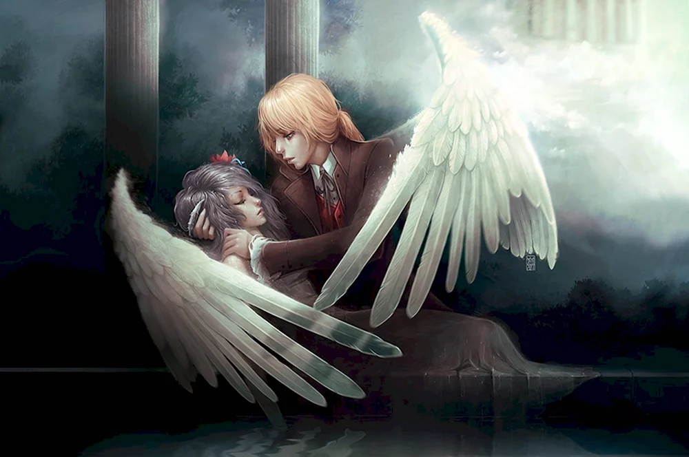 Ангел укрывает крыльями