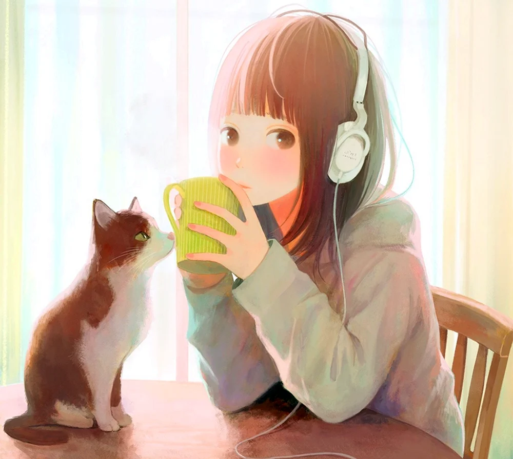 Аниме девочка пьет чай