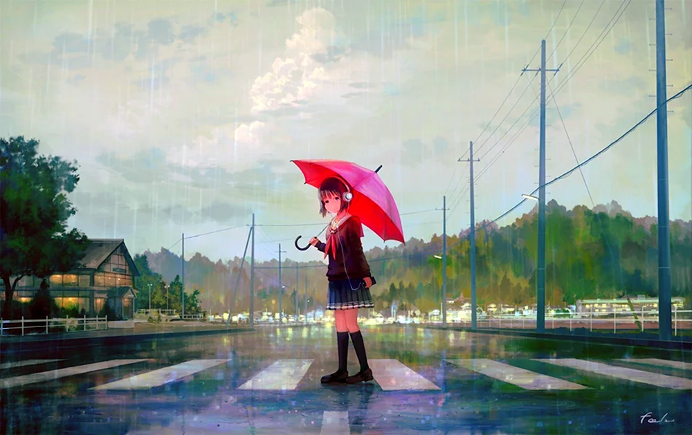 Аниме девушка с зонтом