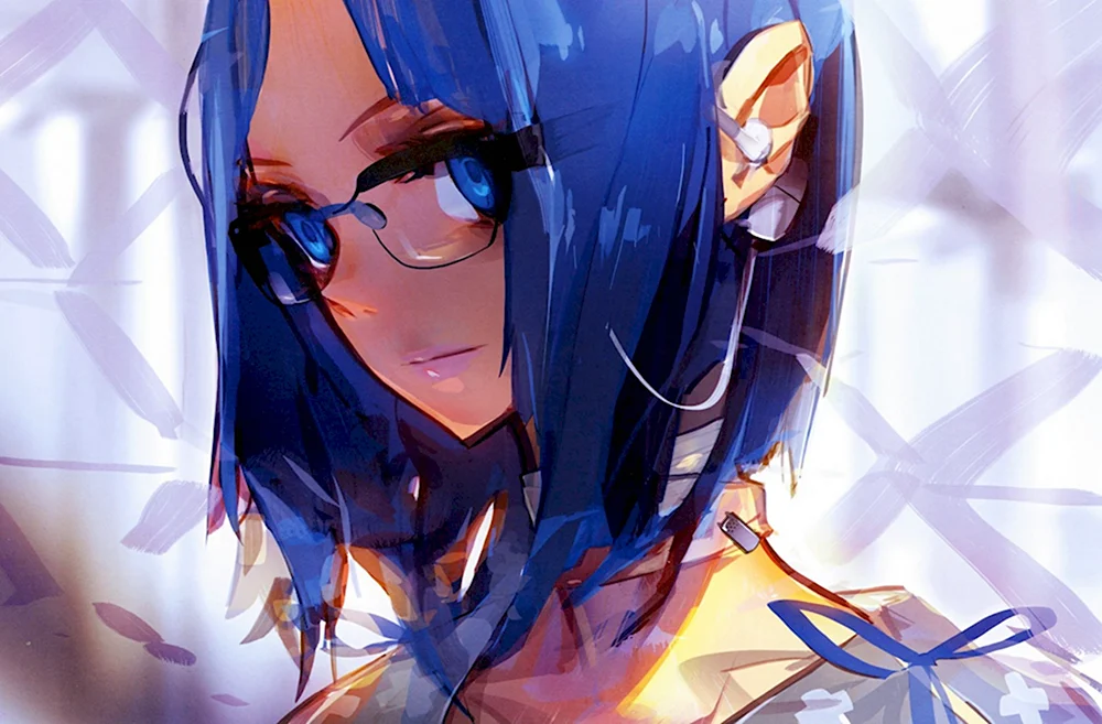 Аниме девушка в очках с синими волосами