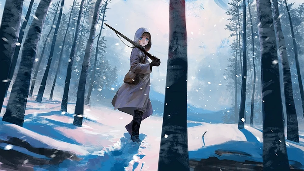 Аниме девушка в зимнем лесу