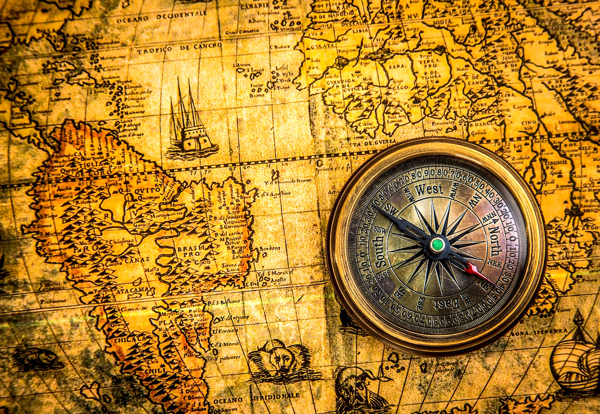Античный компас на карте мира винтажн
