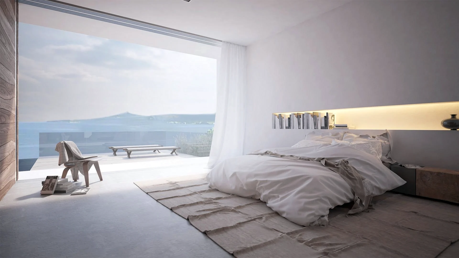 Белая спальня с панорамными окнами