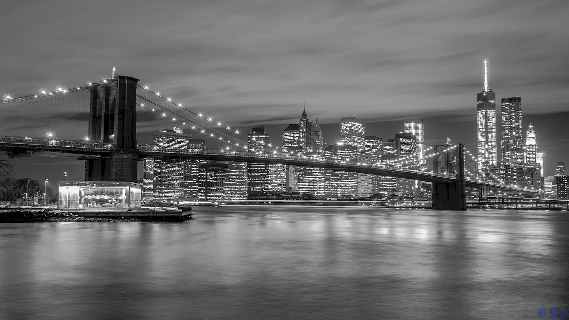 Бруклинский мост Нью Йорк черно белое