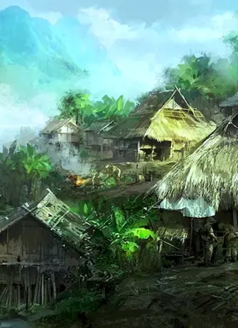 Деревня в джунглях фэнтези арт