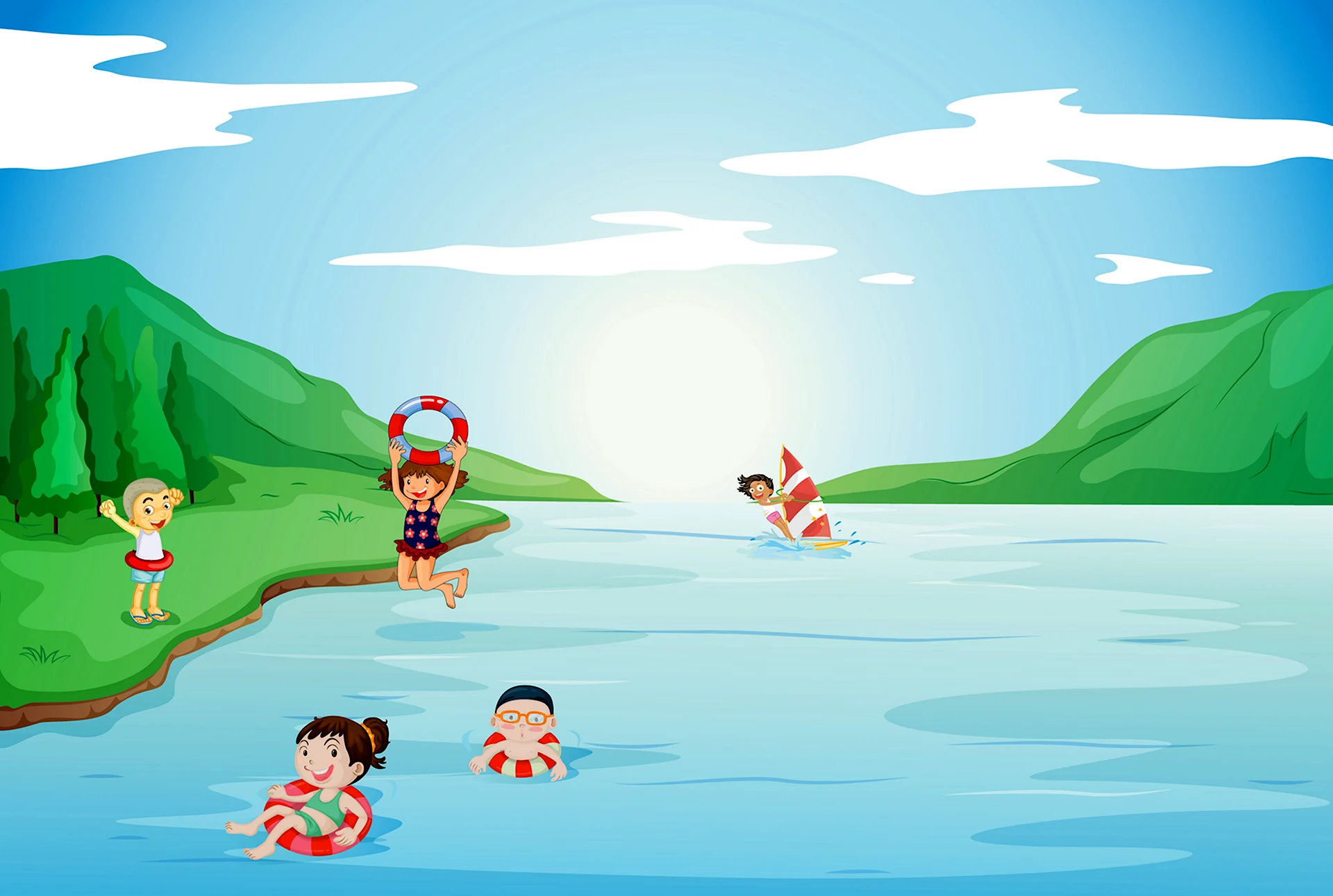 Дети купаются в реке для детей