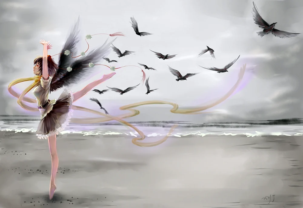 Девушка и летящие птицы арт