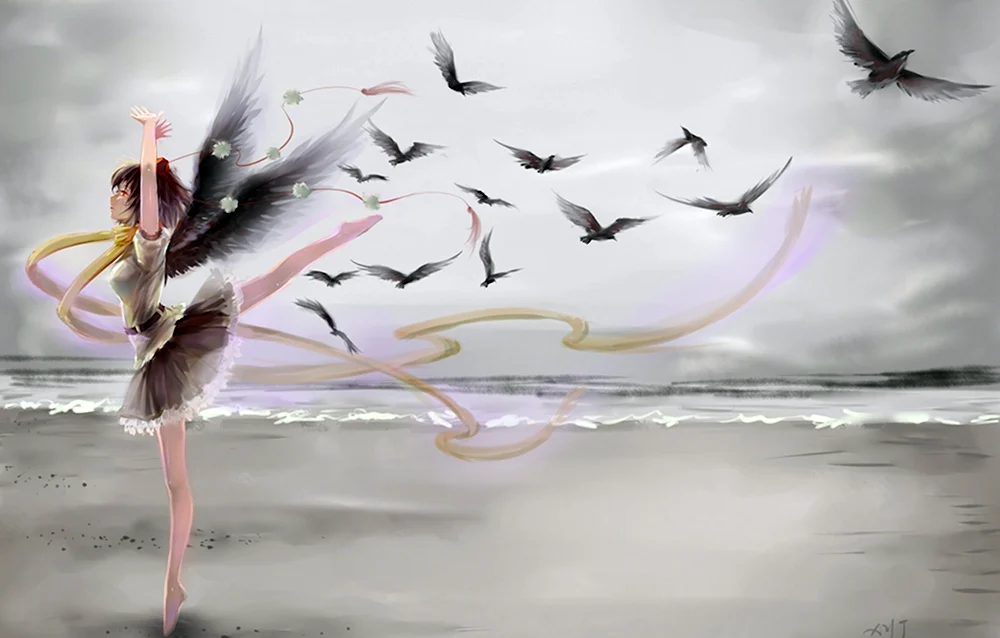 Девушка и летящие птицы арт