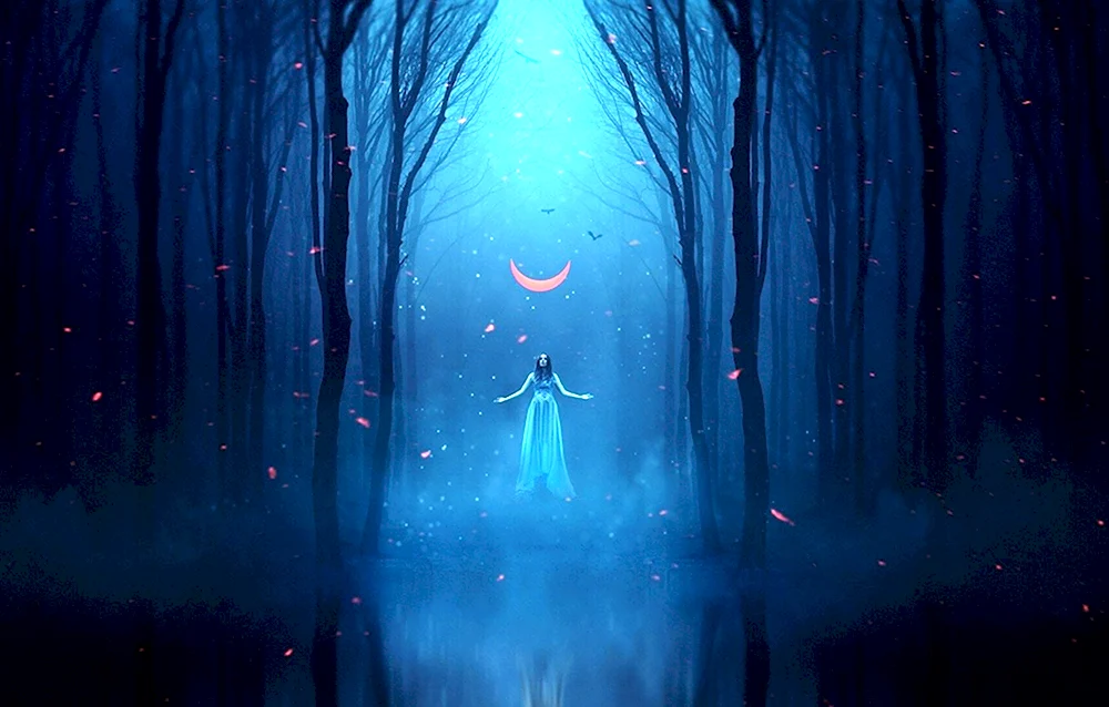Девушка ночью в лесу арт