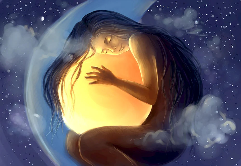 Девушка обнимает луну