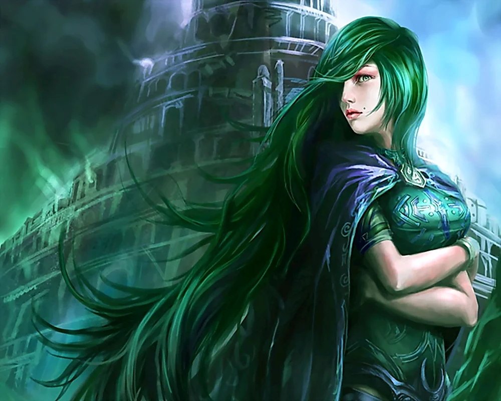 Девушка с зелеными волосами фэнтези