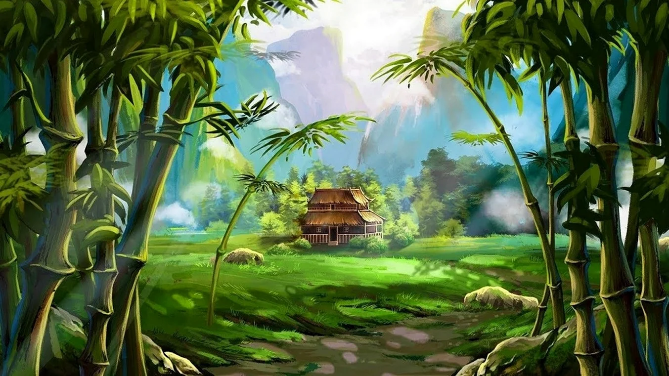 Дом в бамбуковом лесу рисунок