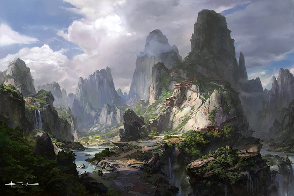 Фэнтезийный китайский пейзаж горы дорога