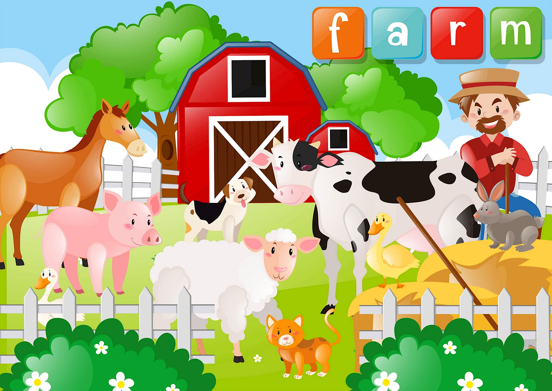 Фермер и животные на ферме