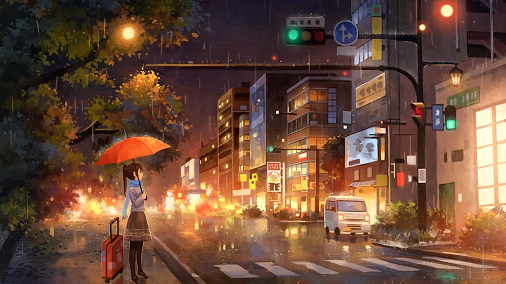 Фон дождливой улицы аниме ночью