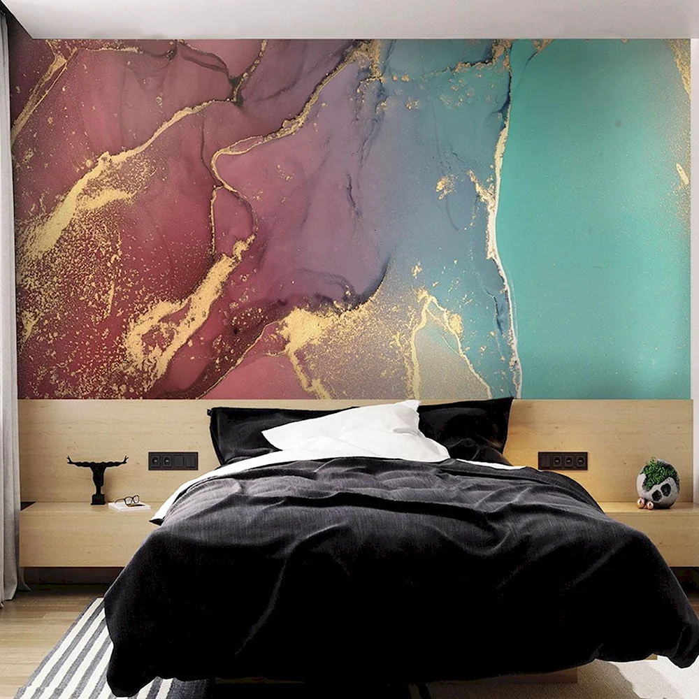 Фреска флюид арт в интерьере спальни
