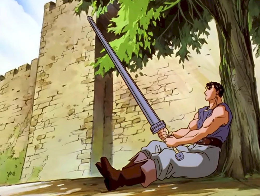 Гатс сидит с мечом у дерева