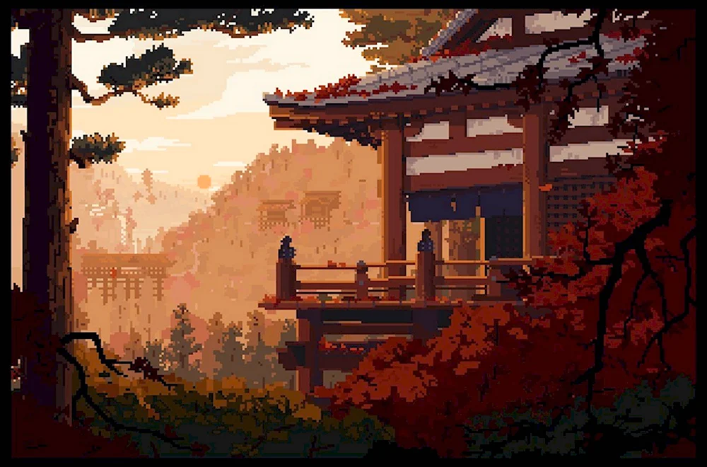 Японский пейзаж пиксель арт