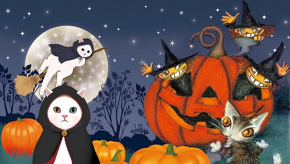 Иллюстрации с девочкой и котом на Хэллоуин