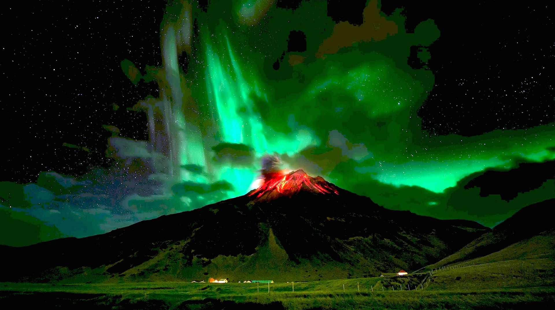 Исландия вулкан и Северное сияние
