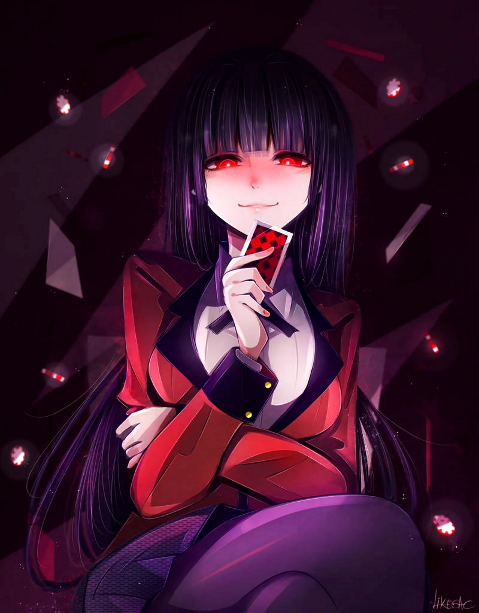 Юмеко в темноте с красными глазами