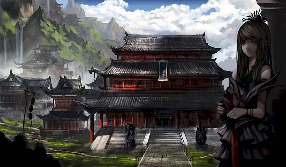 Храм в Японии аниме арт