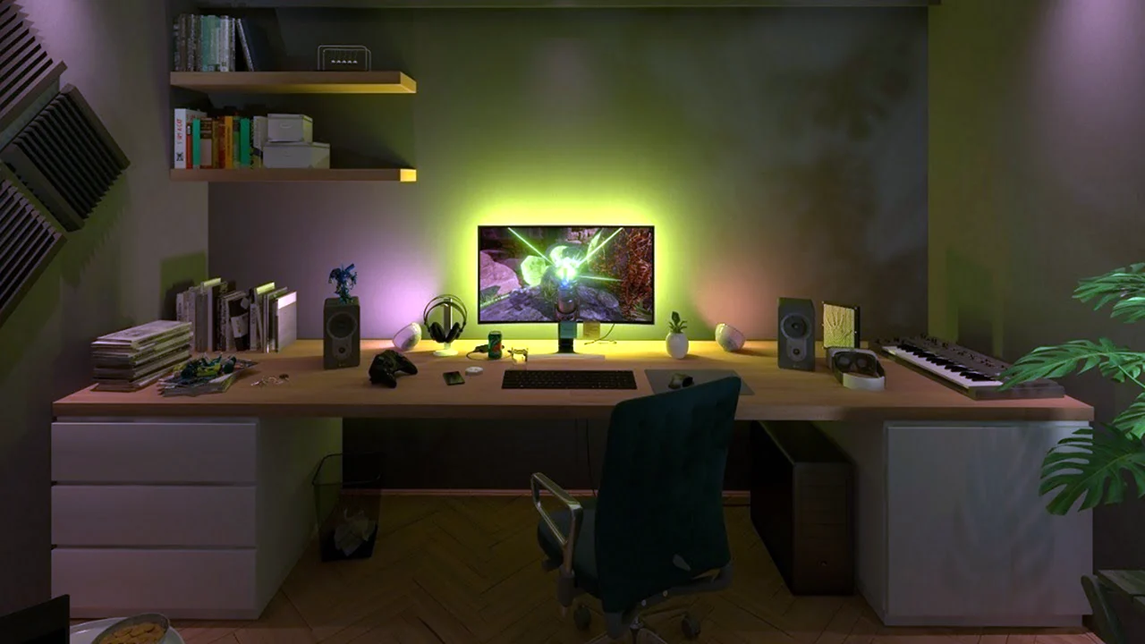 Комната геймера с зелёной подсветкой