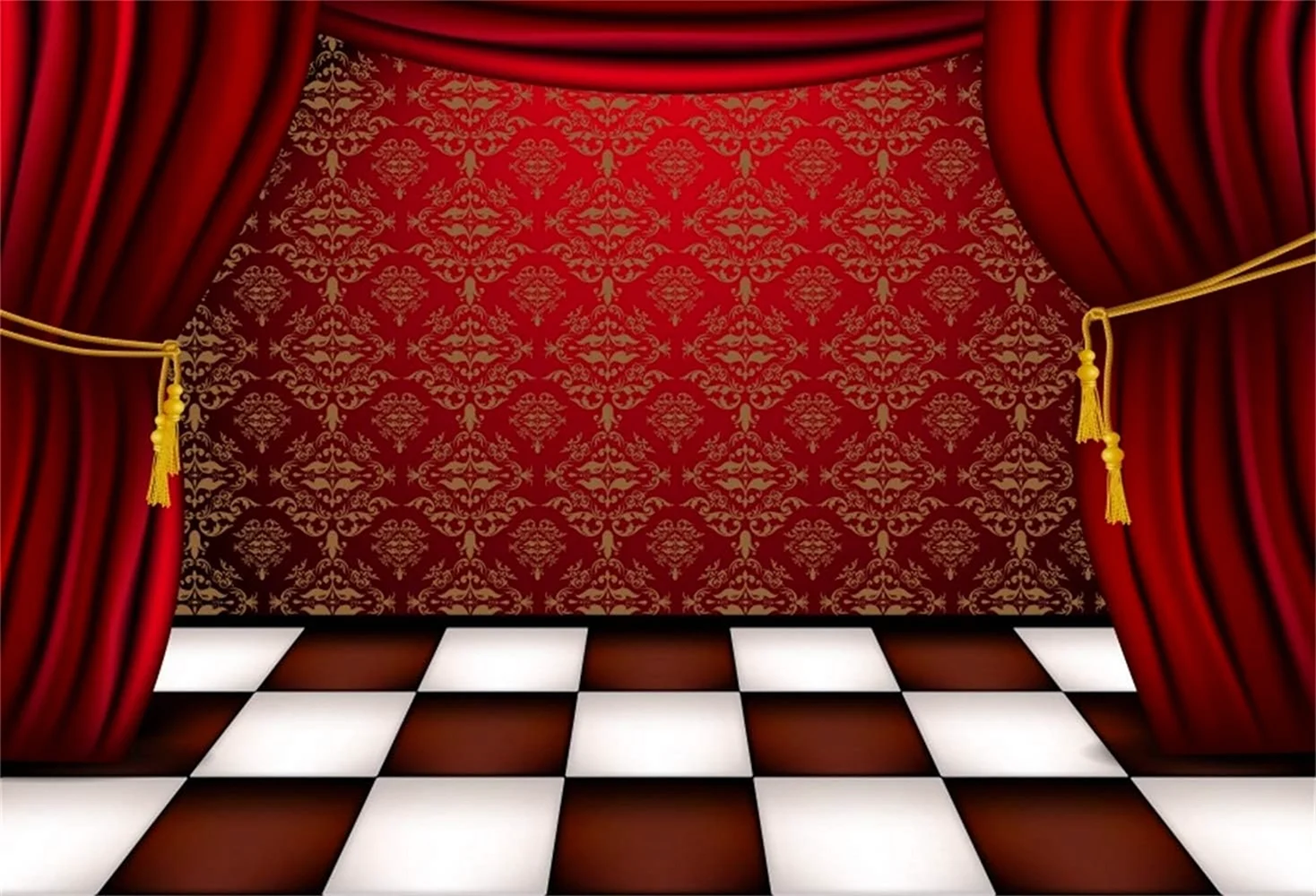 Красные шторы и шахматный пол