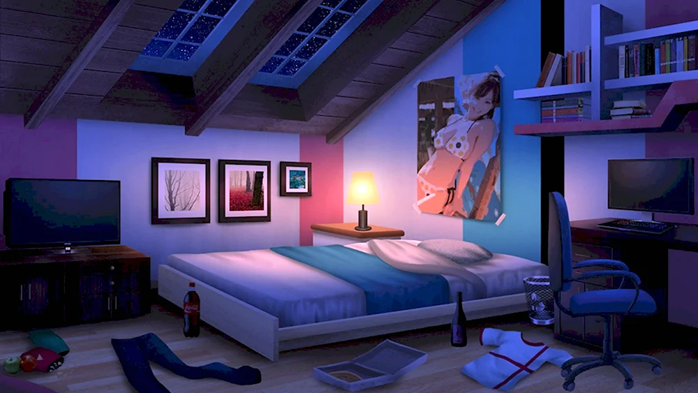Кровать и комната в стиле аниме