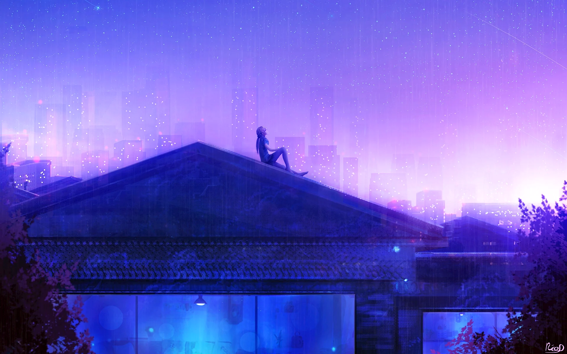 Крыша многоэтажки ночью аниме