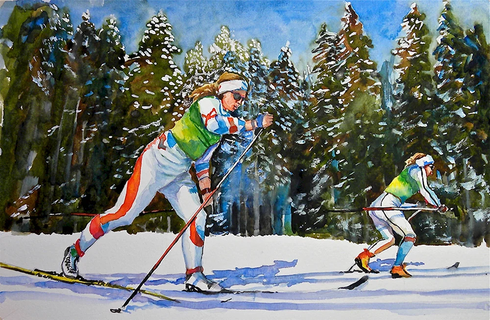 Кустодиев лыжники картина