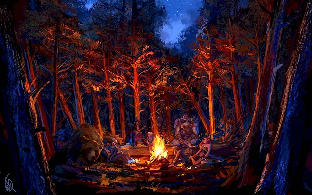 Лагерь с костром в лесу