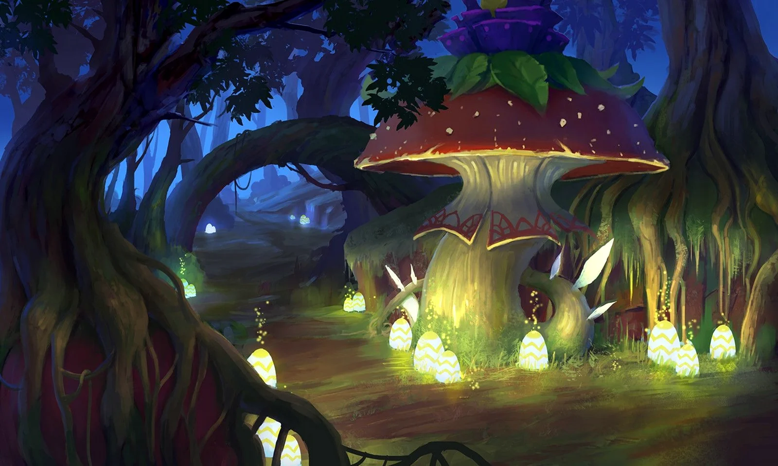Лес с грибами фантастичный