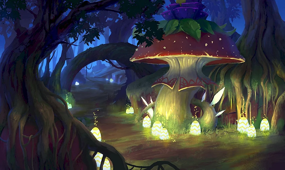 Лес с грибами фантастичный
