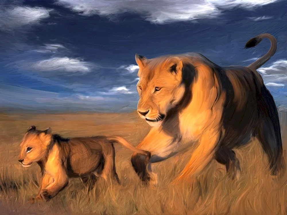 Лев и львица в саванне