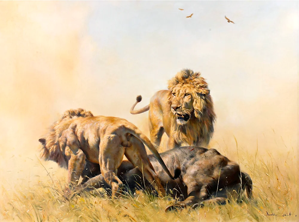 Львы на охоте живопись
