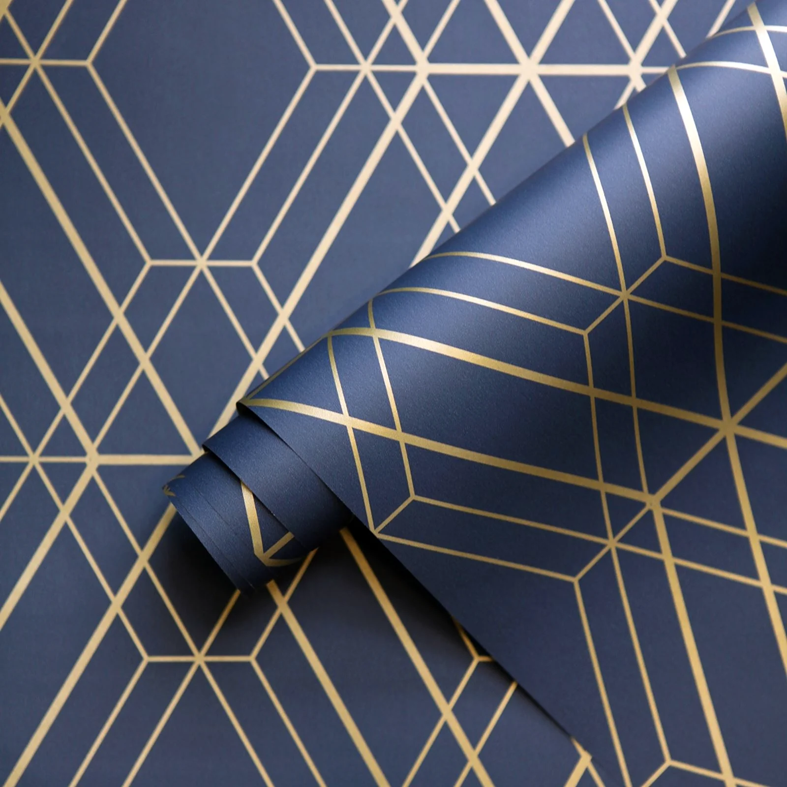 Metro Diamond Geometric Wallpaper Navy Blue and Gold wow003
