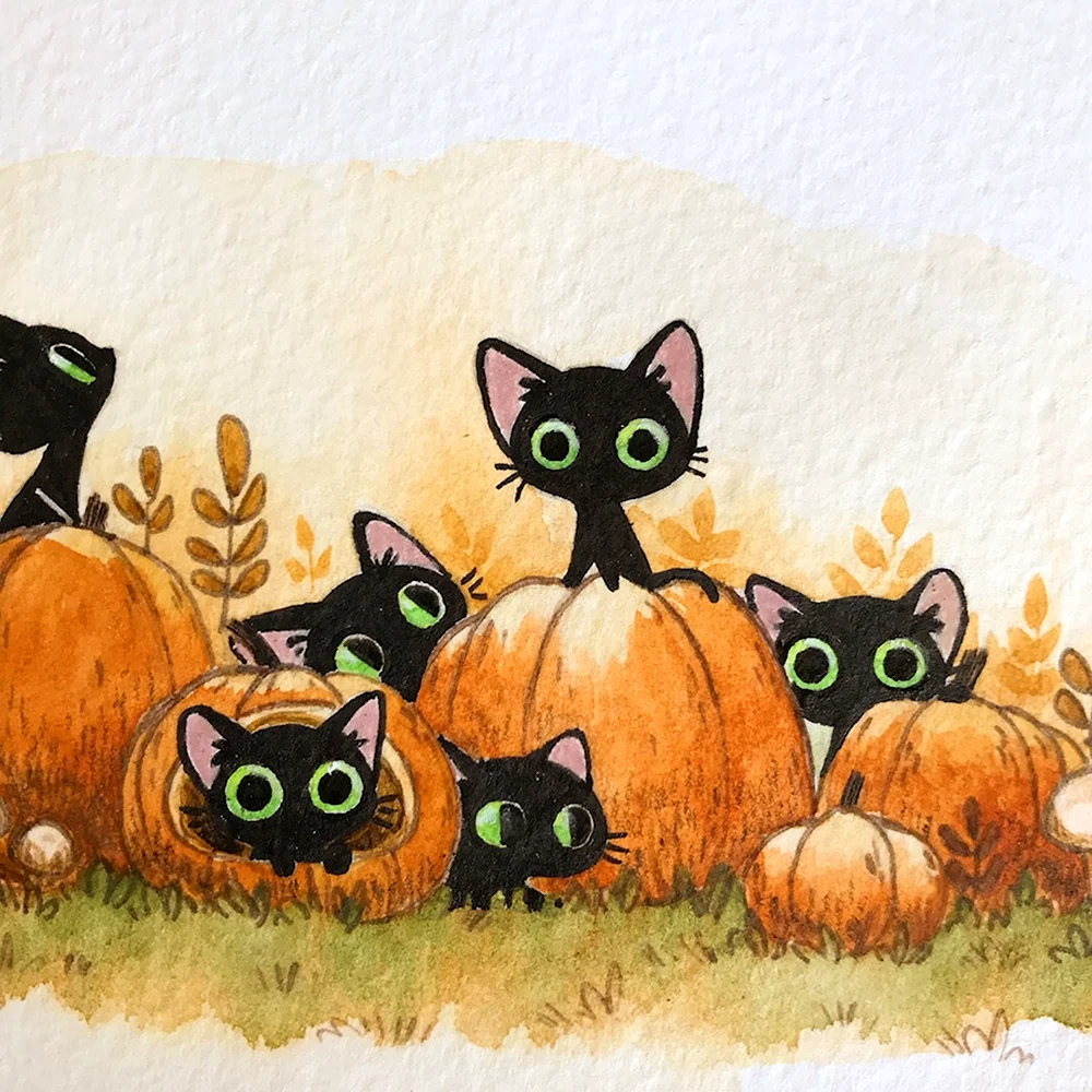 Милые котики Хэллоуин арт картинки