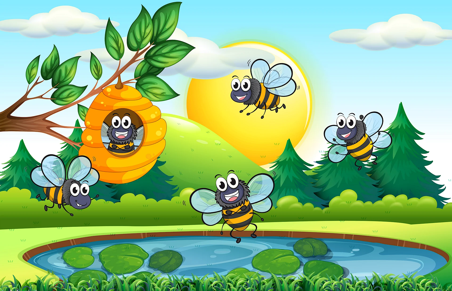 Мультяшная природа с пчелами