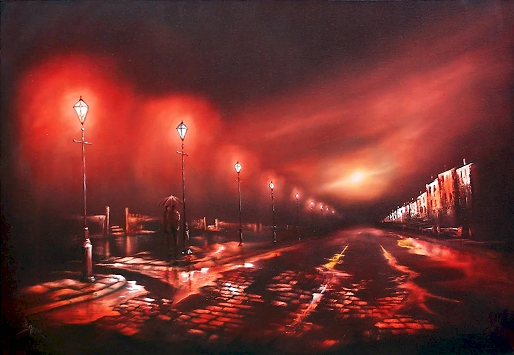 Ночной город с красными фонарями