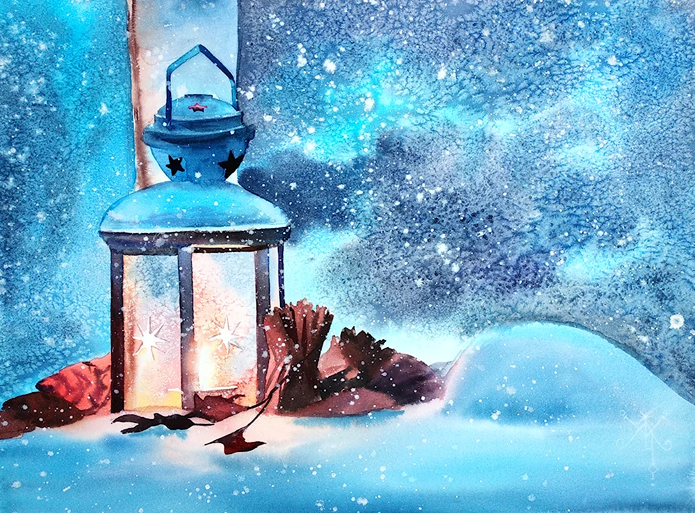 Новогодний фонарь акварелью