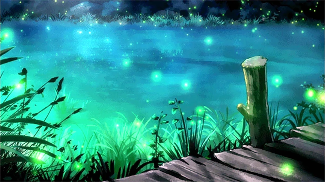 Озеро со светлячками аниме