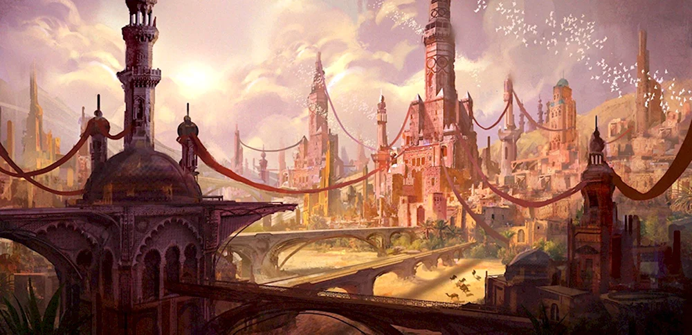 Портовый город с башнями и аркой арты фэнтези
