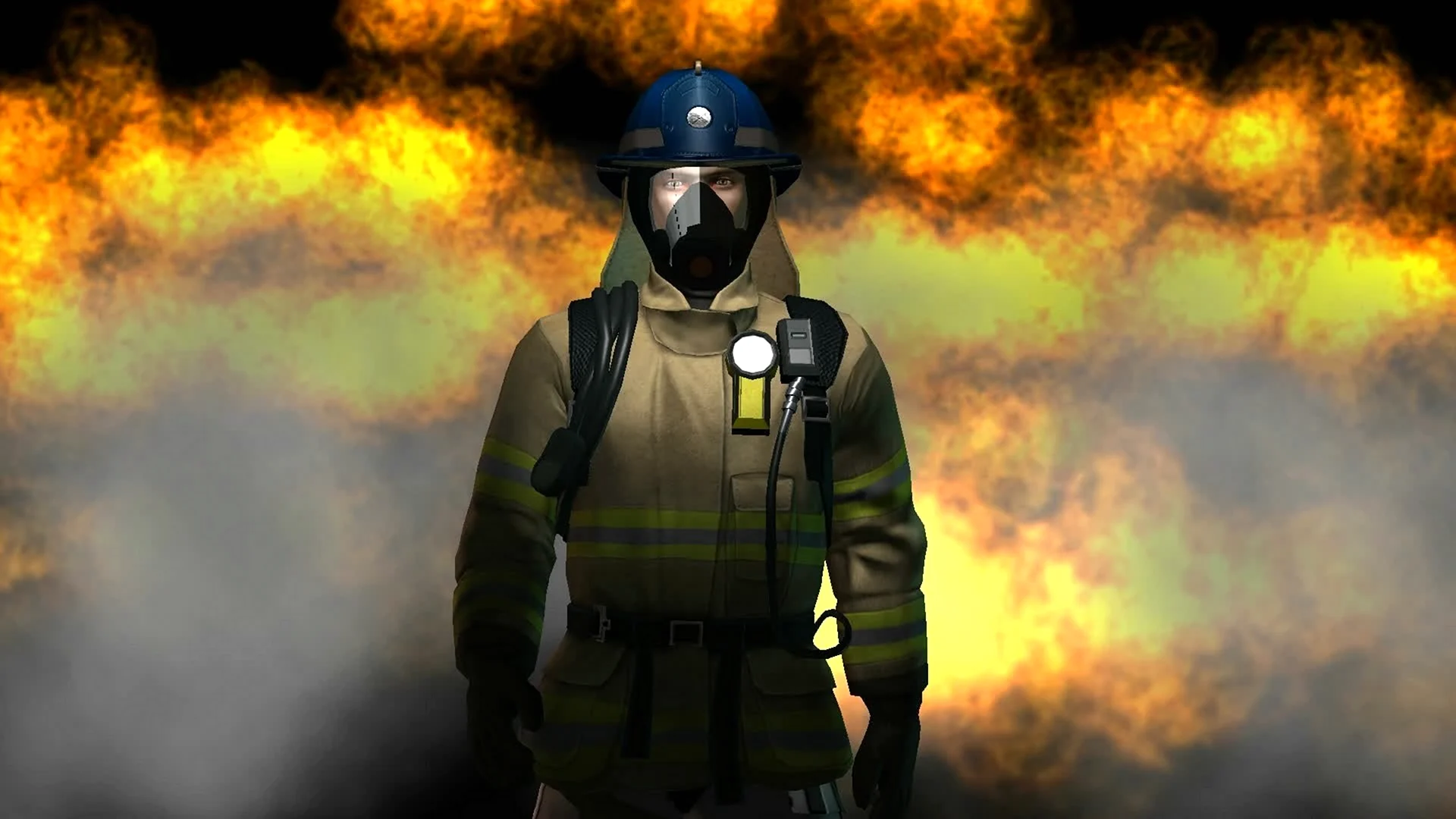 Пожарный на фоне огня