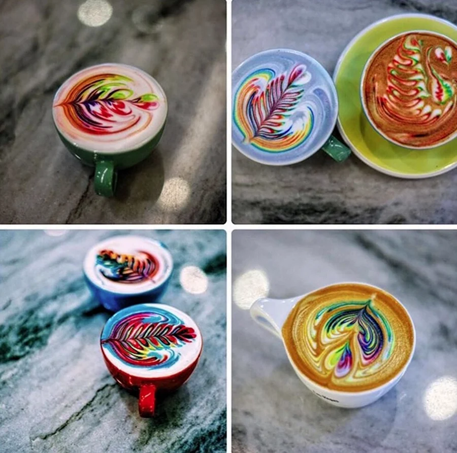 Разноцветные рисунки на кофе