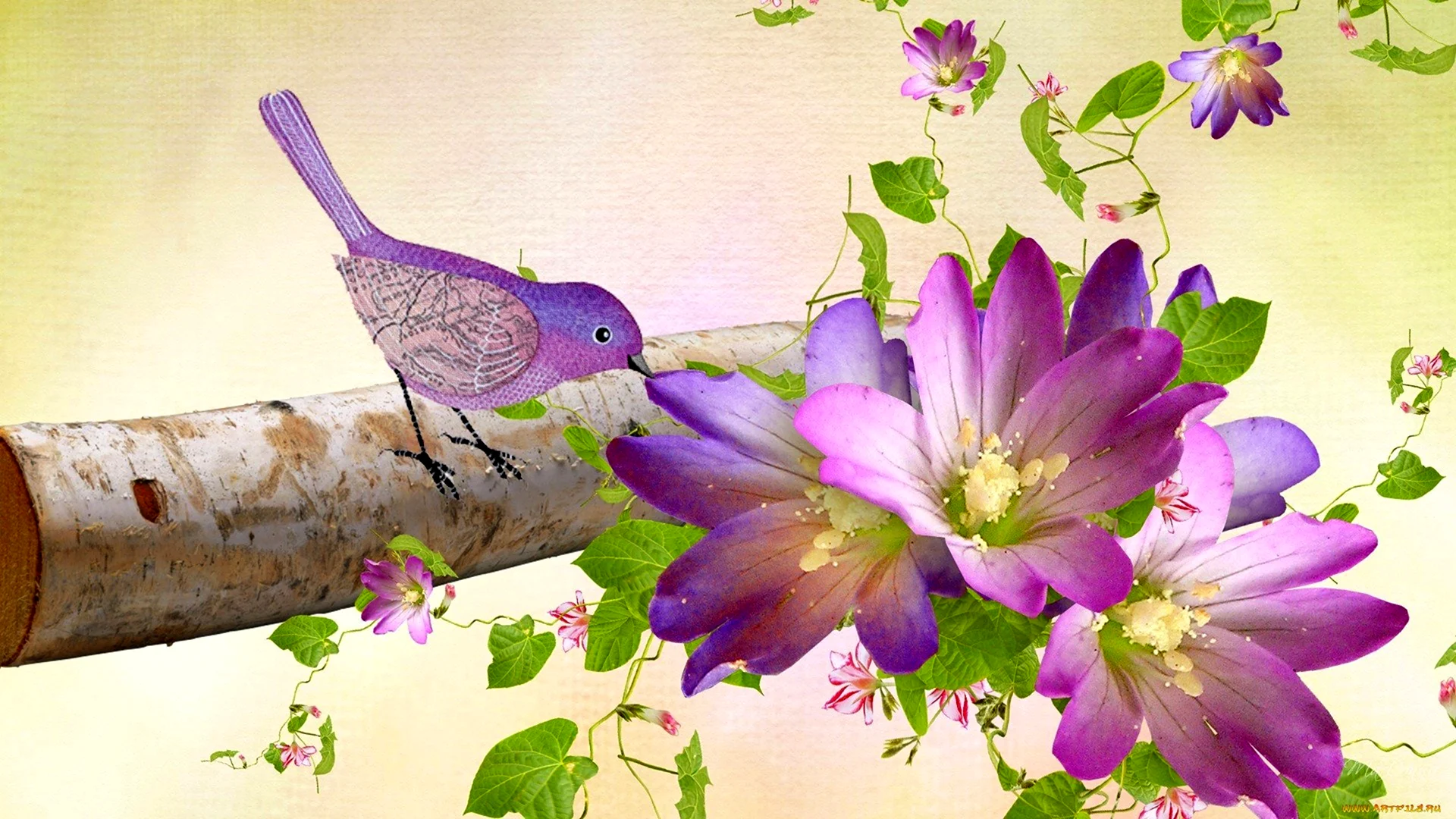 Сиреневая птица и цветок