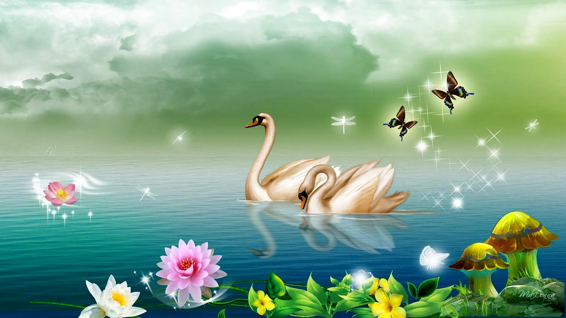 Сказочное озеро с лебедями