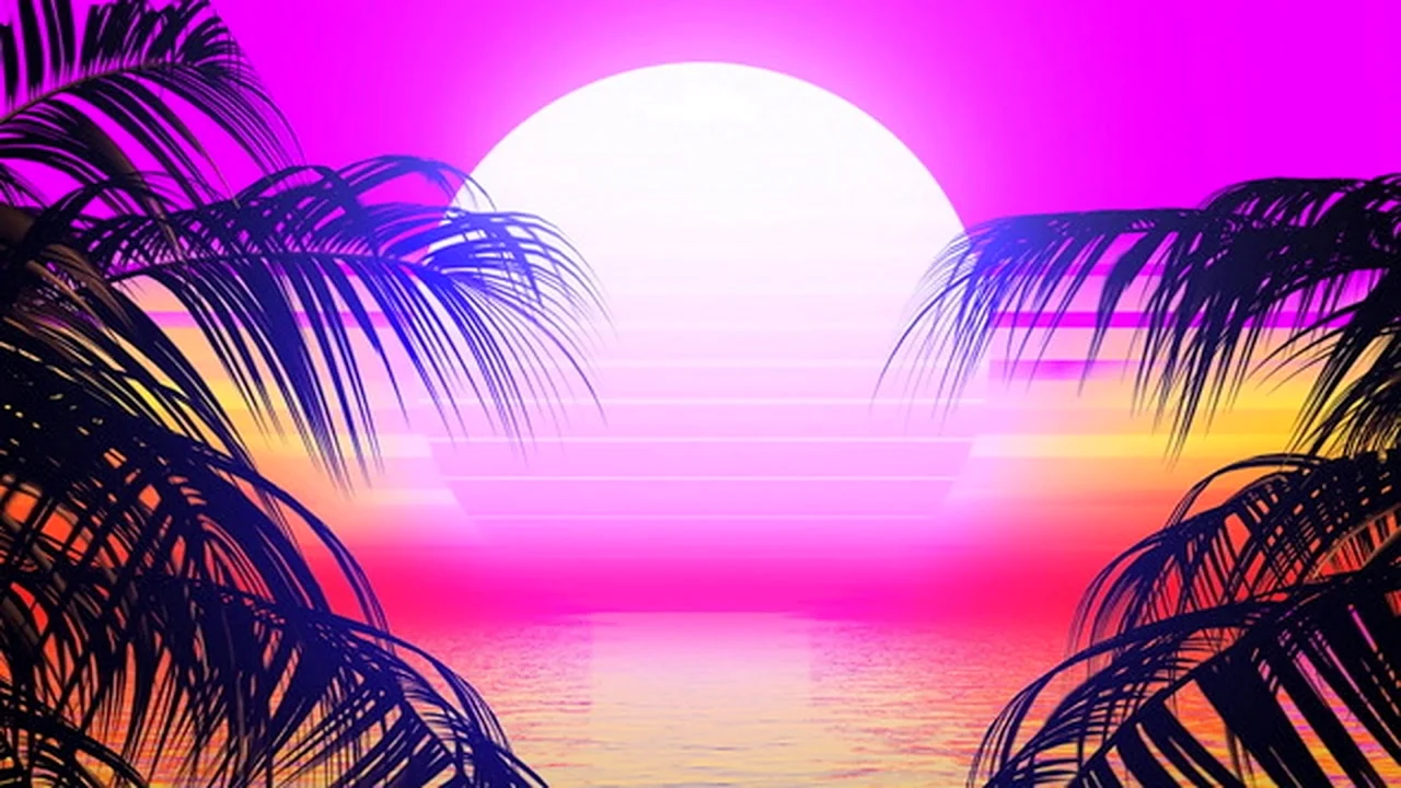 Солнце с пальмами в стиле 80